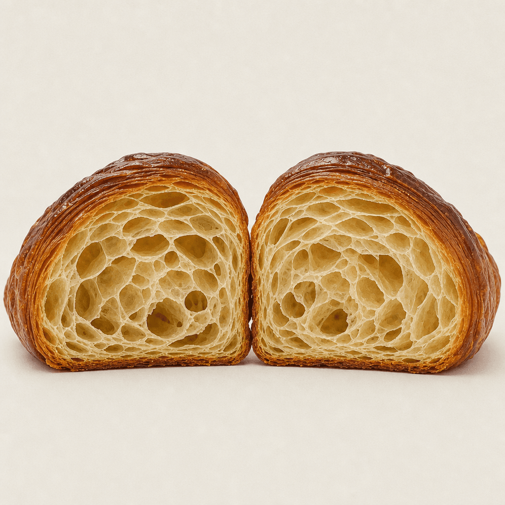 A croissant cut in half, straight on, showing an open honeycomb crumb