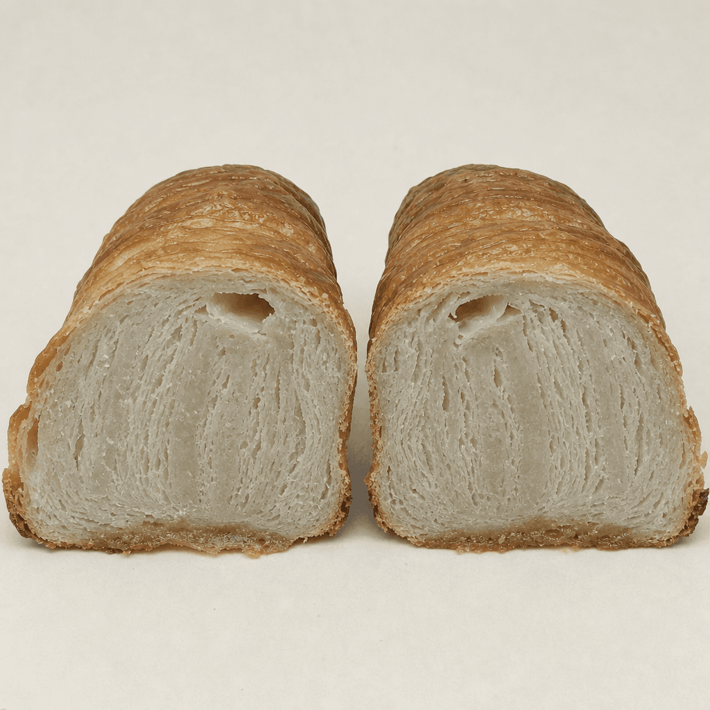 A croissant cut in half showing a tight, streaky, grey crumb and a greasy base